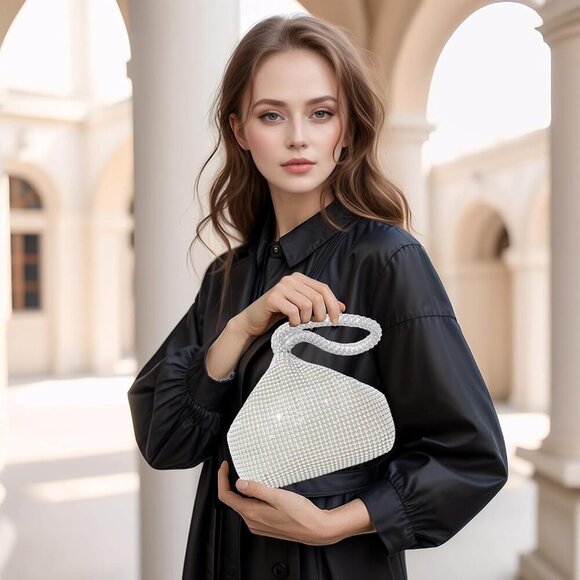 🆕Women Silver Polyester Beaded Triangle Clutch Bag Vintage Elegant Purse Prom - Picture 4 of 7